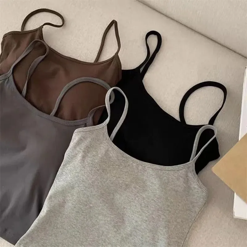 2PCS/SET Women's Basic Cotton Camisole madam Solid Color Spaghetti Straps Sleeveless Slim Vests Breathable Short Sleeveless Tops
