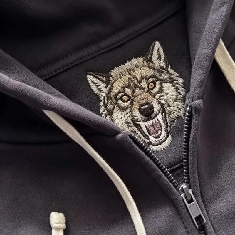 Dark Brown Full Zip Hoodie Double Men Wolf Embroidery Drawstring Pocket Oversized Y2K Grunge Vintage Street Zip Up Sweat Jackets — image 4