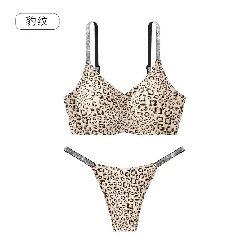 Leopard Print Rhinestone Sexy Bra Set Women Bralette Girls Underwear Brassiere Fashion Thong Gather Bras Lingerie Panty Sets — image 9