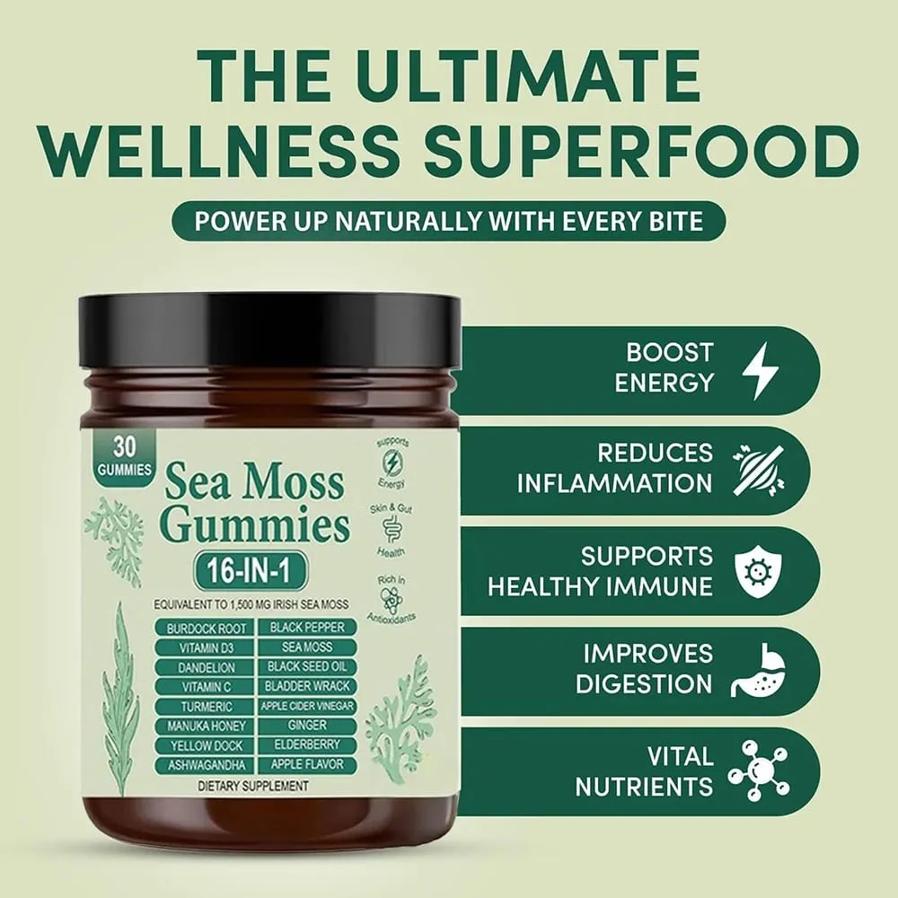 Sea Moss Gummies 16-in-1 - Ashwagandha Black Seed Oil Bladder Wrack Turmeric Vitamin C & D3 with Manuka Apple Cider Vinegar — image 3