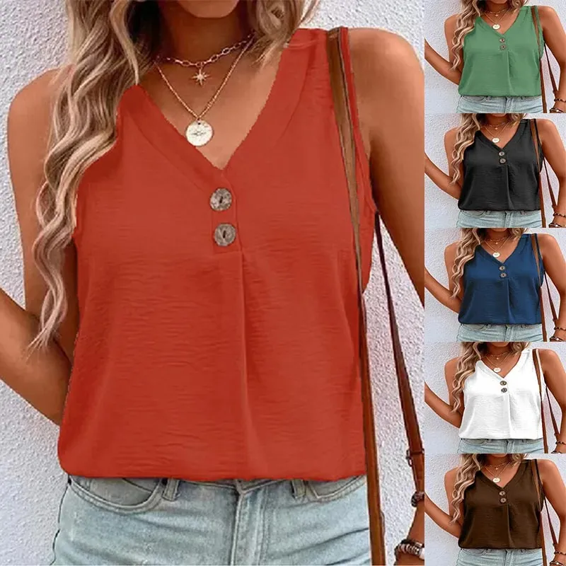 Women's V-Neck Button Tank Top Summer Lightweight Breathe Casual Loose Sleeveless T-Shirt Office Lady Basic Top — image 8