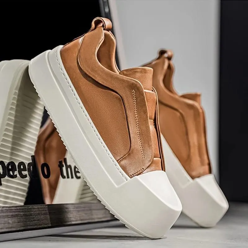 Retro brązowe buty męskie ze skóry PU lekka platforma z gumką codzienne trampki modne buty do chodzenia po ulicy wysokiej jakości — image 6