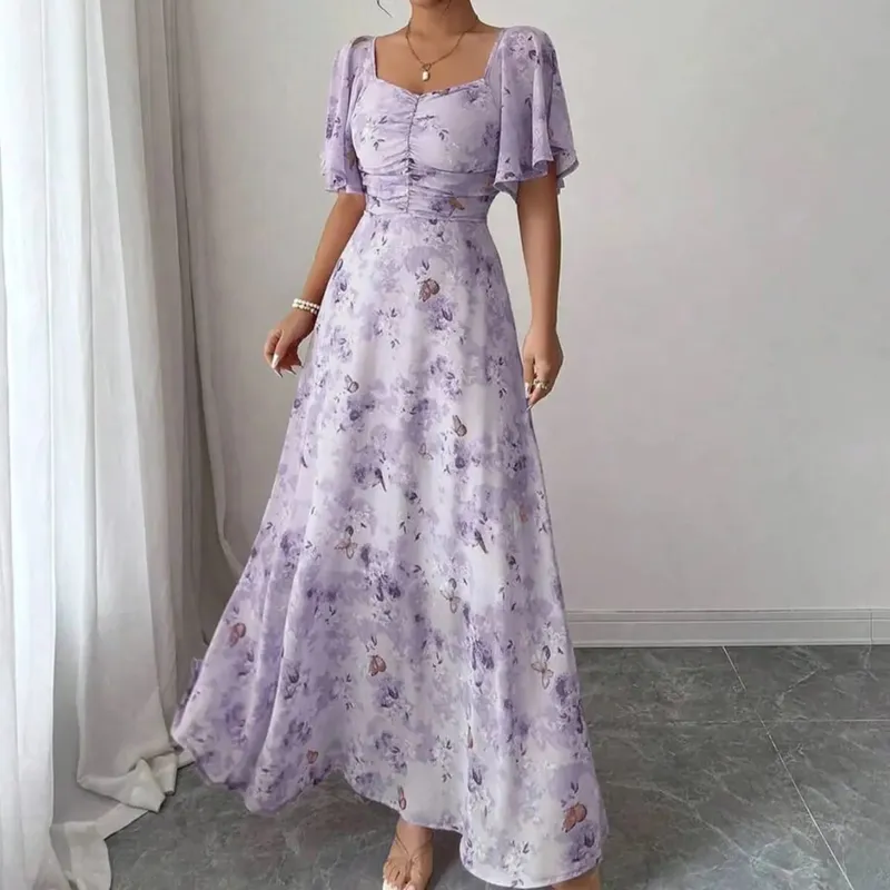 Women's Sweet French Style Mini Dress with Purple Butterfly Print Batwing Sleeves & Back Zipper