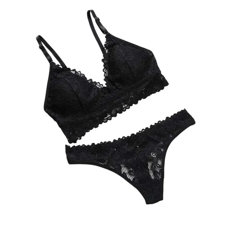 V Neck Lace Flower Bra Set Solid Color Low Waist Floral Panties Bra Kit Lingerie Transparent Lace Underwear Valentine's Day Gift