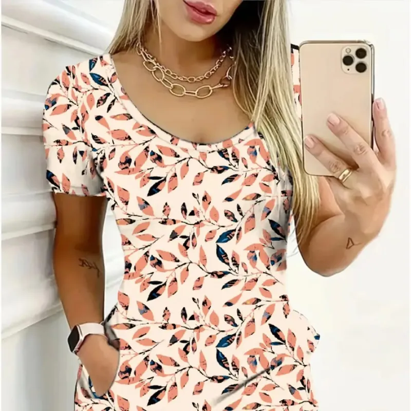 Women's Casual Elegant Comfortable round Neck Short Sleeve Skirt Leaf Geometric Pattern Print Mini Dress — image 4