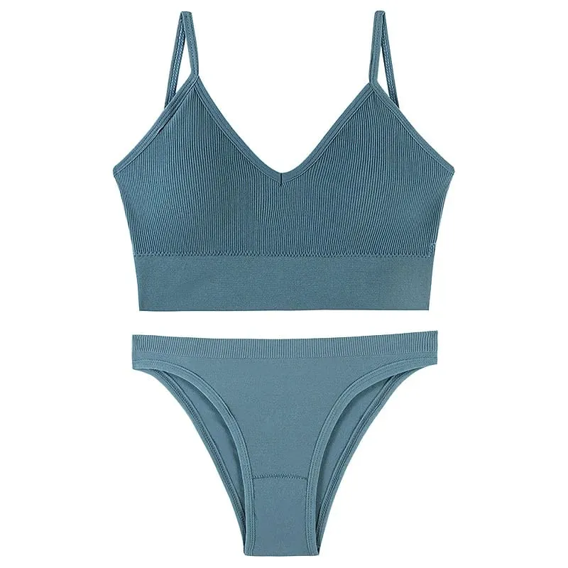 Women Seamless Ribbed Bra Set Wireless Deep V Bralette Top Panties Two Piece Lingerie Set Sport Fitness Underwear