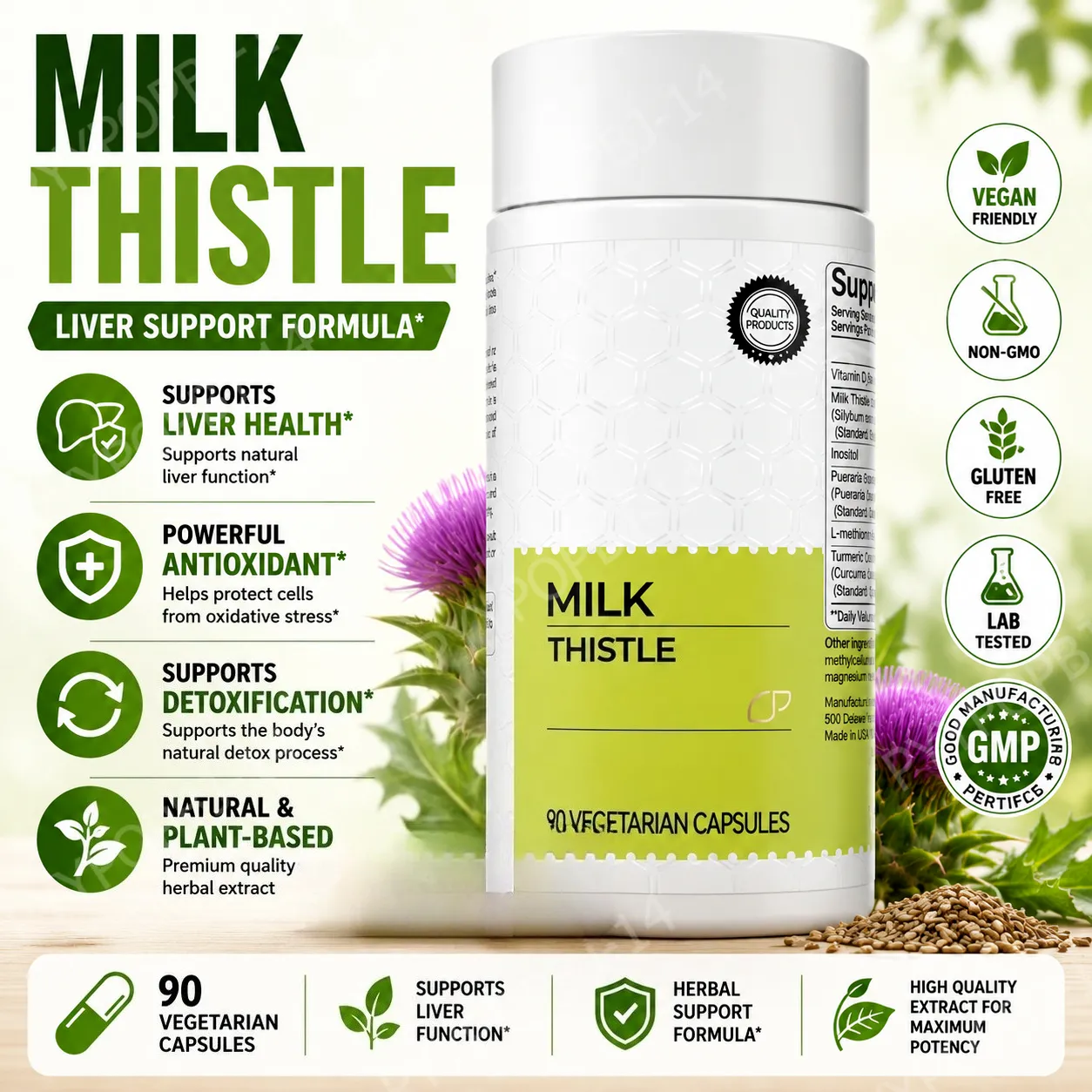 Extrait de chardon-Marie 300 mg gélules avec supplément à base de plantes d'inositol de vitamine C 90 gélules sans OGM sans gluten