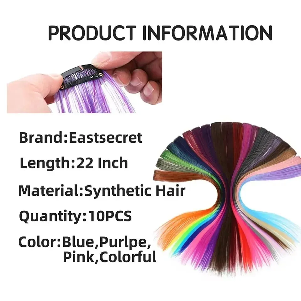 2026 Colored Highlight Hair Extensions 22 Inch Synthetic Rainbow Long Straight Hairpieces Purple Pink Blue for Women Girls Kids