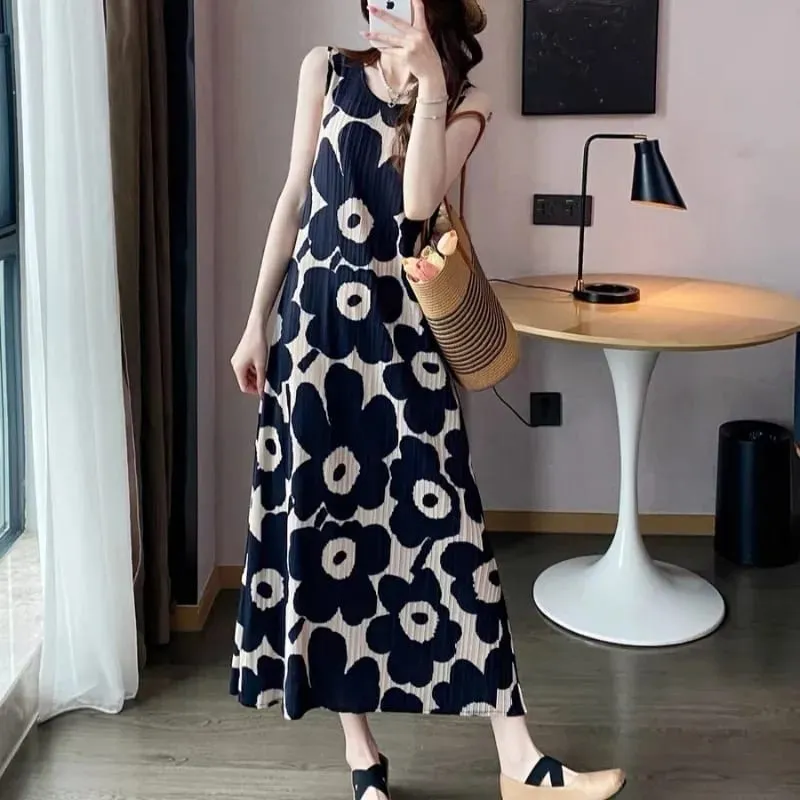 Miyake Pleated Sleeveless Dresses Plisse 2026 Summer New Loose Plus Size Fashion Casual Slimming Pleats Fold Printed Long Dress