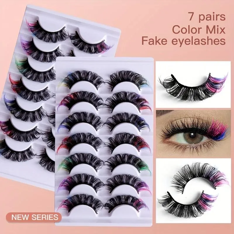 HD Portrait Shooting Colored Mink Strip Lashes 7 Pairs DD Curl Russian Curly Thick Fluffy Vibrant Stage Show Eye Lashes