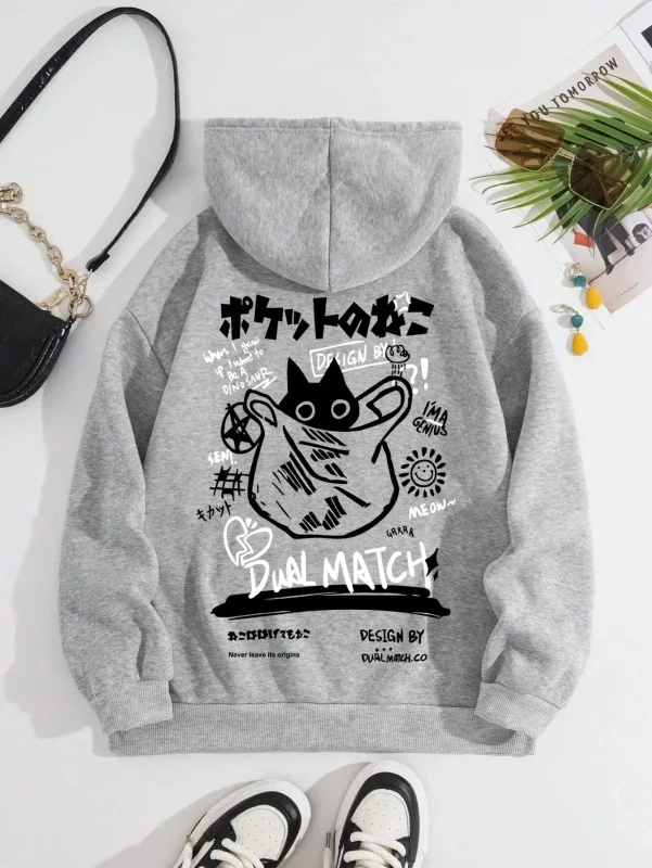 Japan Style Black Cat Hoodie Men Women Outdoor Street Casual Fashion Sport Cartoon Longsleeve Adult Autumn Winter Sweatshirt Top — image 4