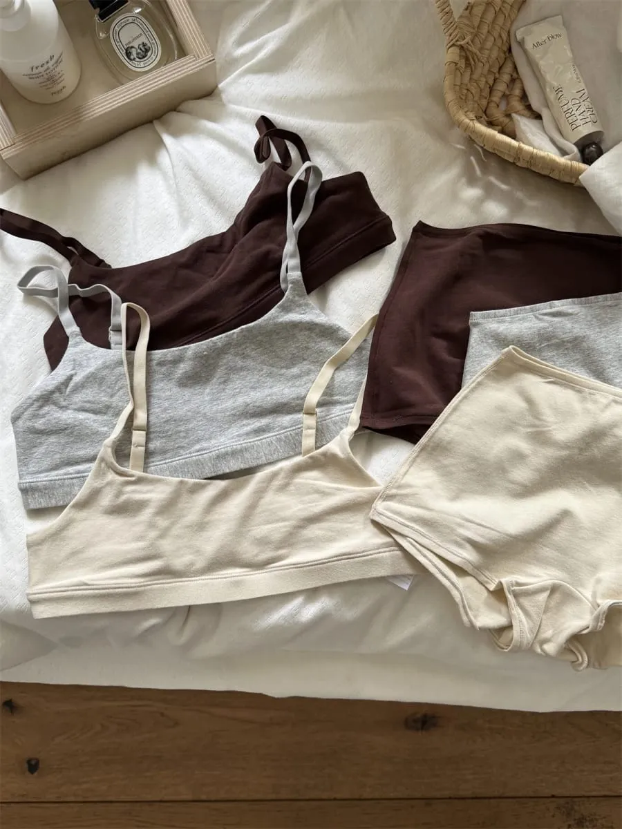 Vintage Cotton Sport Bra Set Woman Adjusted-strap Seamless Bra+Low Waist Boxer Briefs Solid Simple High Elasticity Lingerie Sets — image 3