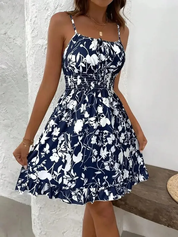 Vintage Floral Print Tie-Up Slip Dress Flattering Versatile Beach Resort Style Mini Dress Dressed in Party