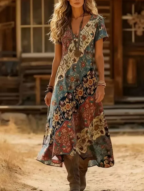 Plus Size Summer New Arrival Retro Ethnic Tie-Dye Dress V-Neck Short Sleeve Loose Boho Vacation Maxi Skirt — image 4