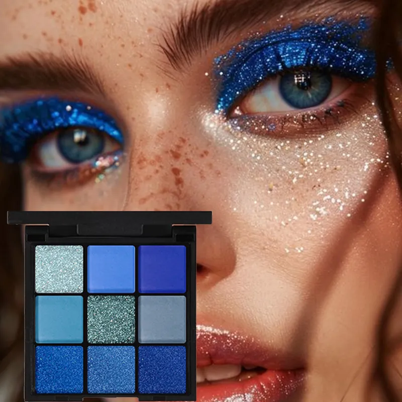 3Pcs Blue Eye Makeup Set 9 Color Matte Glitter Eyeshadow Palette+Blue Mascara+Eyeliner Pencil Waterproof Long Lasting for Party