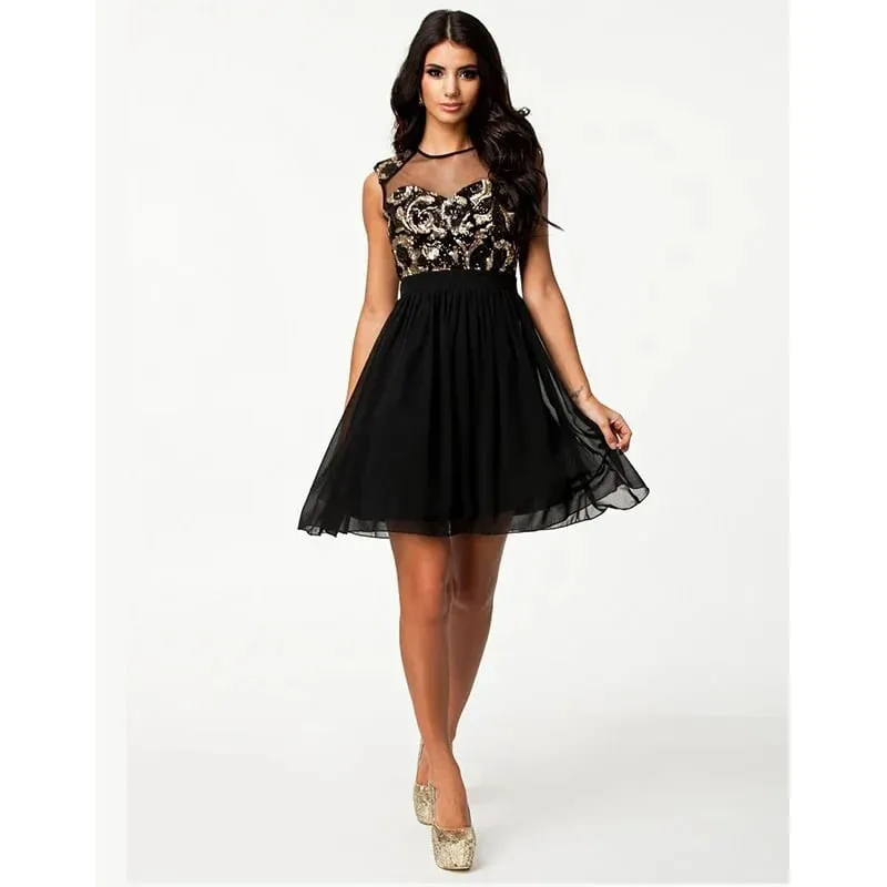 Elegant Vintage Black Mesh Insert Skater Dress Sexy Peplum Dress New Fashion Summer Dress Women Casual Chiffon Dress — image 4