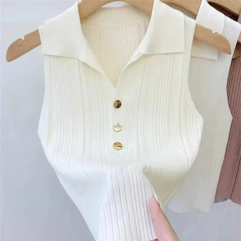 Zjaiss 2026 Spring Summer Slim Versatile Camisole Women's Polo Lapel Tank Tops Vest Ice Silk Knit Sleeveless Tops — image 8