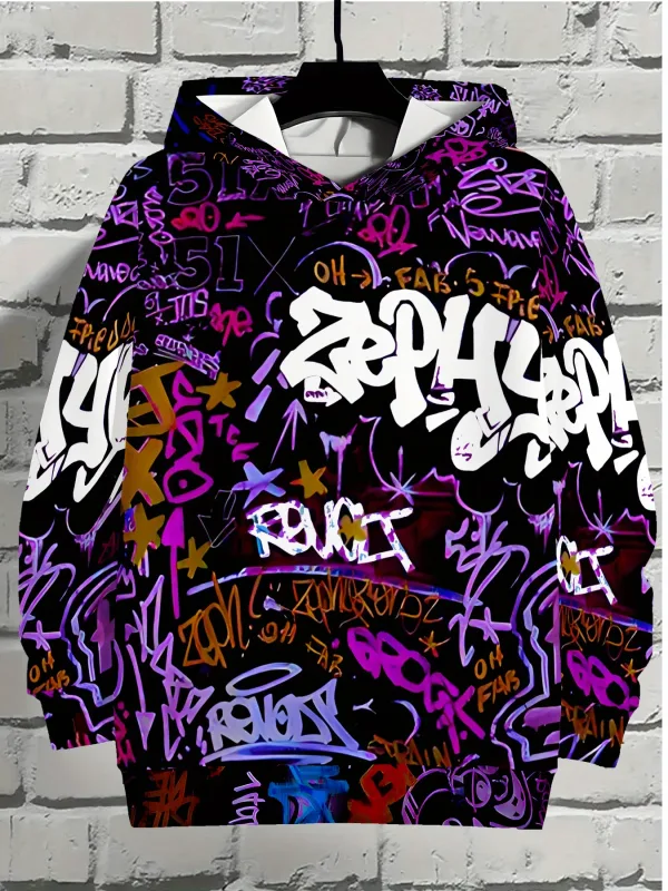European and American Men's Autumn Gothic Letter Graffiti Print Soft and Comfortable Hooded Sweatshirt Outdoor Street Top