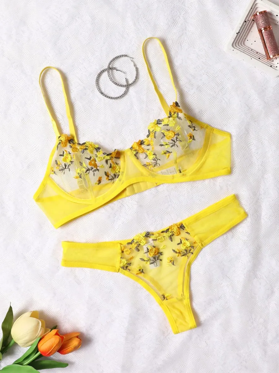Women Sexy Lace Lingerie Push Up Lingerie Bra And Panty Sets Female Underwear Flower Embroidery Bralette Set — image 3