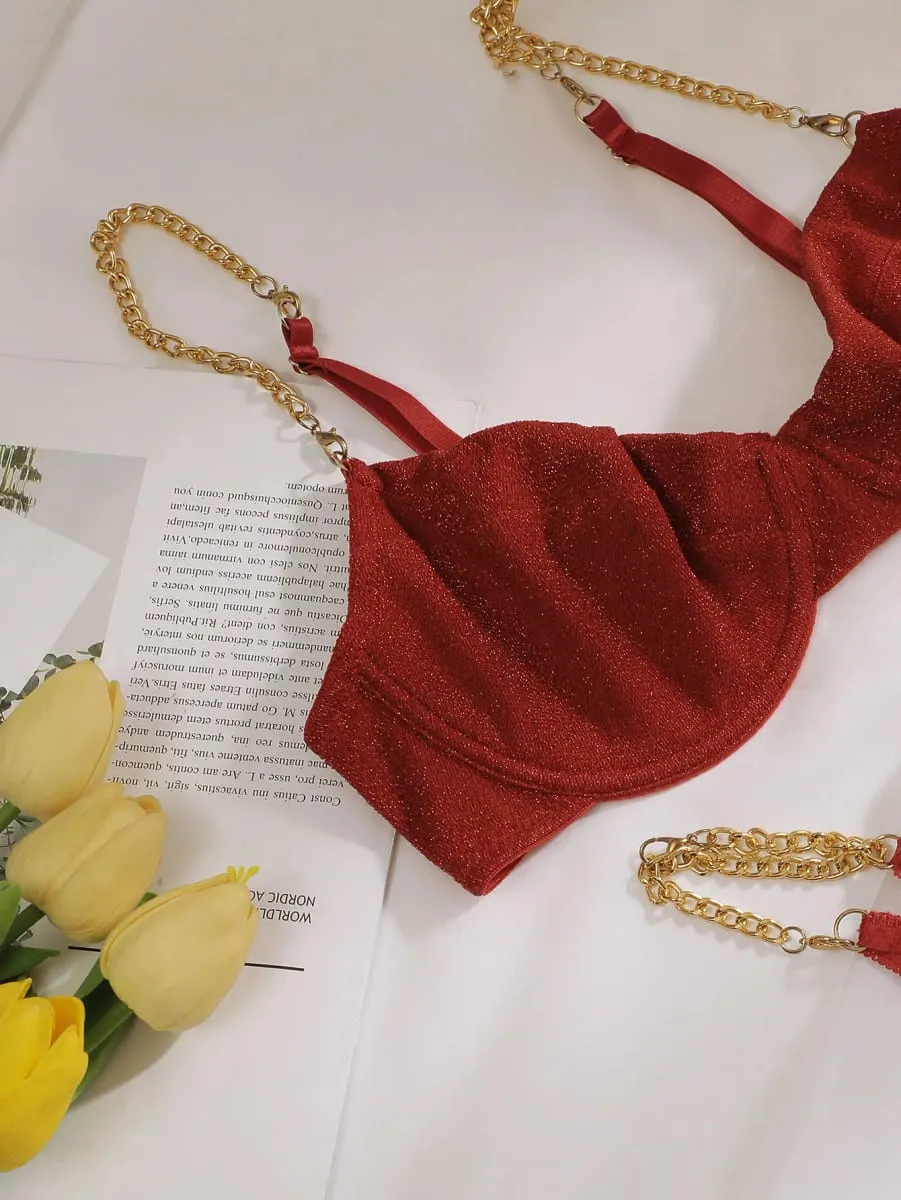 Women Glitter Lingerie Set Metal Chain Strap Underwire Bra And Thong 2‑Pcs Sexy Intimate Lingerie Set U1110 — image 3