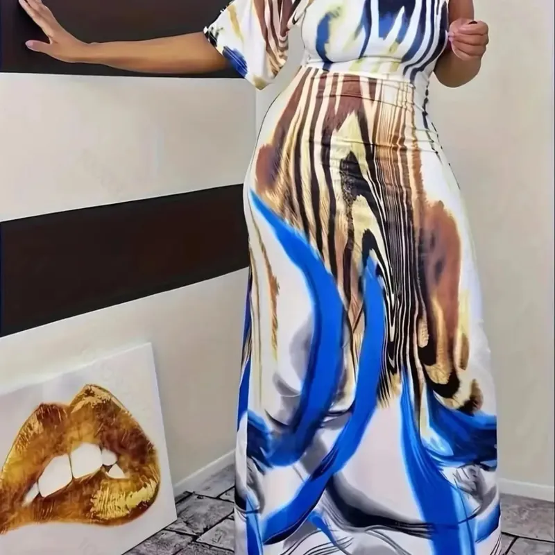 Plus size new women's fashion casual milk white printed single sleeved off shoulder dress long skirt — image 6