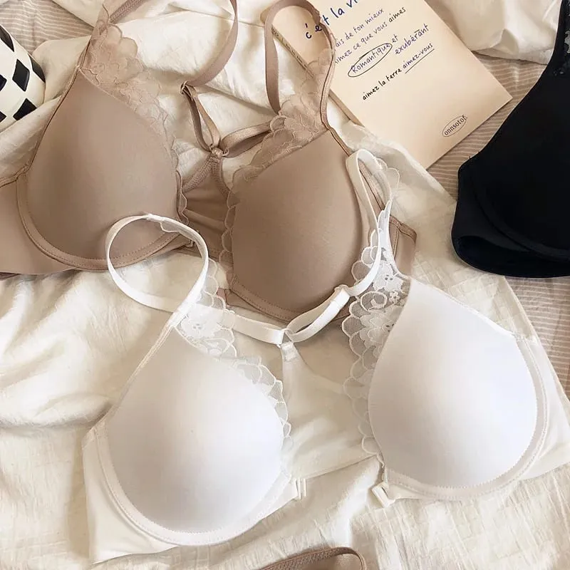 high quality sexy women bras and brief two piece set front closed push up lace A B C cup wire summer lingerie underwear black — image 2