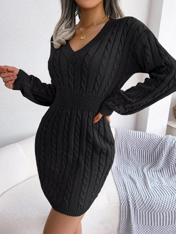 VigoCasey 2026 V Neck Casual Short Knit Dress Autumn Winter Women Solid Long Sleeve Dress Lady Khaki Bodycon Knitted Dresses — image 9