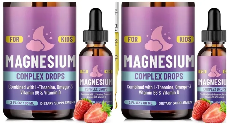 Magnesiumglycinat-Flüssigkeitstropfen für Kinder mit L-Theanin, Omega-3, Vitamin B6, D3 zur Schlafentspannung, 2 Fl Oz, Erdbeergeschmack