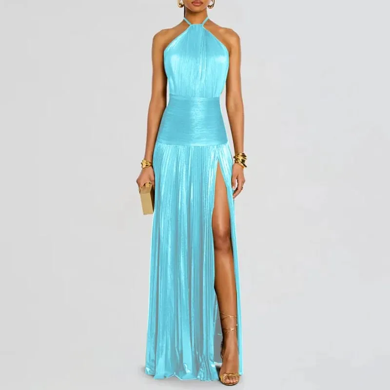 Gold Sexy Halter High Split Gowns Evening Dress Woman Chic Solid Hollow Pleated Long Dress Spring Summer Backless Zip Maxi Dress — image 9