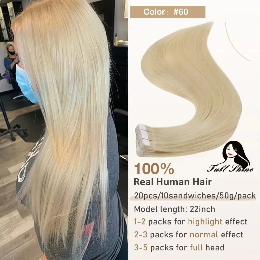 Full Shine Tape in Hair Extensions 20Pcs Skin Weft Remy Straight Hair Glue on Brazilian Hair for Women