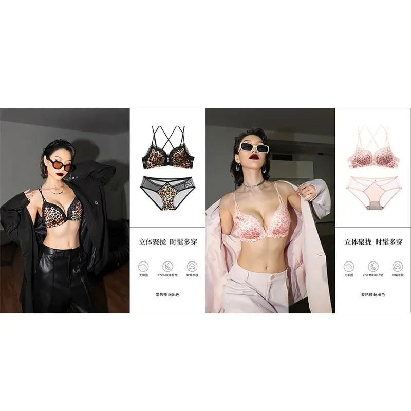 Victoria Style MOYISU Pink Leopard Wireless Bra Set Front Hook Design Push Up Bralette Sexy Back Lingerie To Boost Small Bust