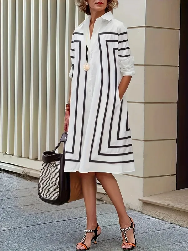 Women's Casual Striped Button Loose Fit Knee-Length Short Sleeve Black & White Vertical Stripes for Spring Summer Fall