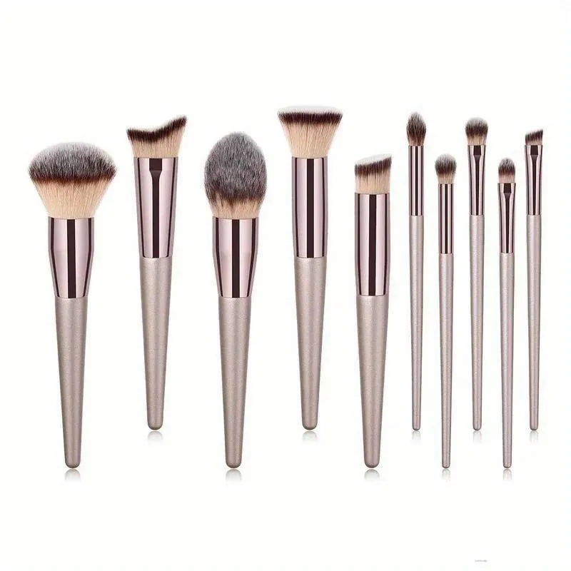 10 Pcs Champagne Gold Makeup Brushes Set Foundation Loose Powder Blush Concealer Eyeshadow Professional Beauty Tool Kit