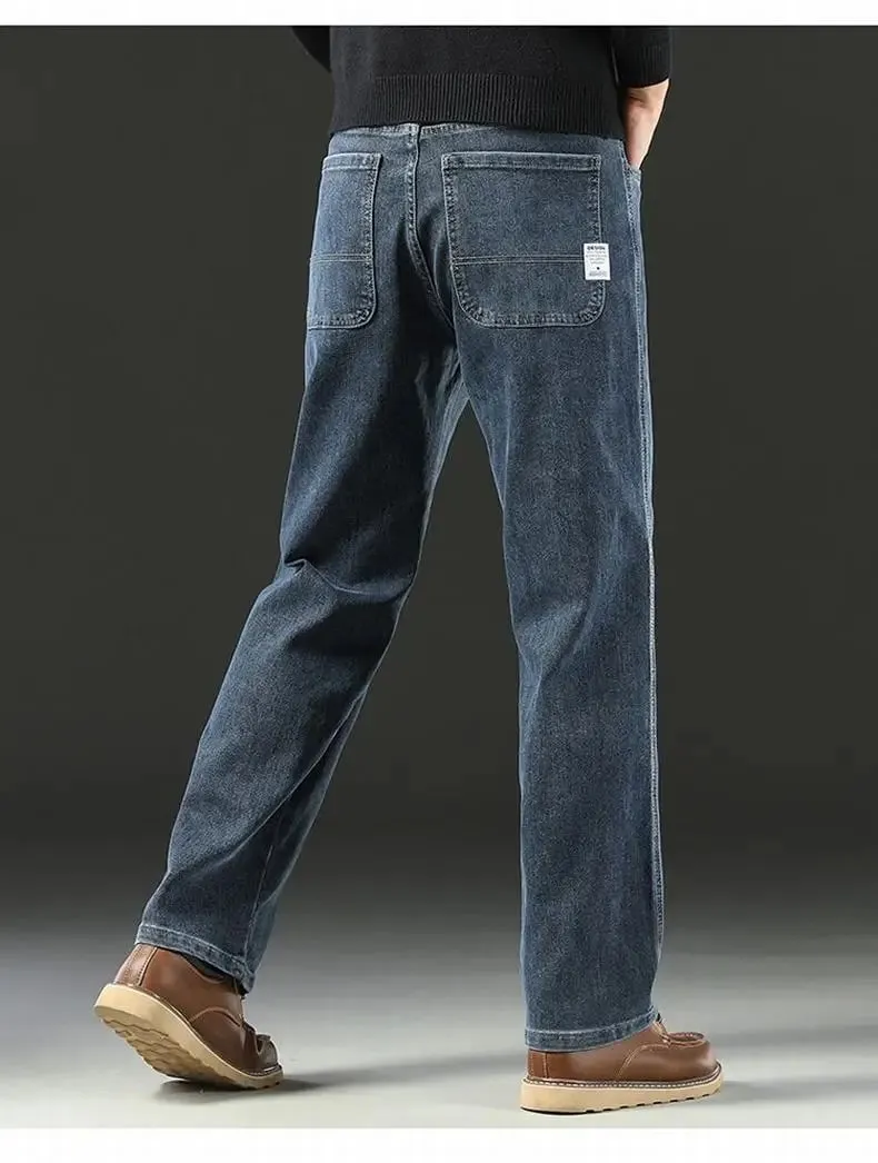 Men's Spring Autumn Soft Baggy Jeans Casual Straight Stretch Wide-Leg Business Denim Pants Versatile Comfortable Loose Trousers