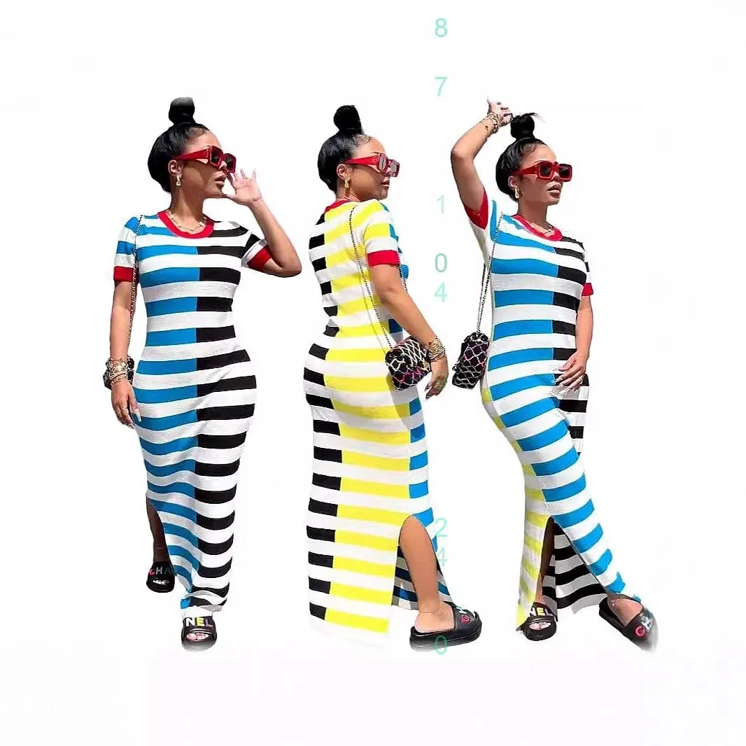 Spring Summer Women Stripe Dress Short Sleeve Split Bodycon Dresses Casual Tee Top — image 1
