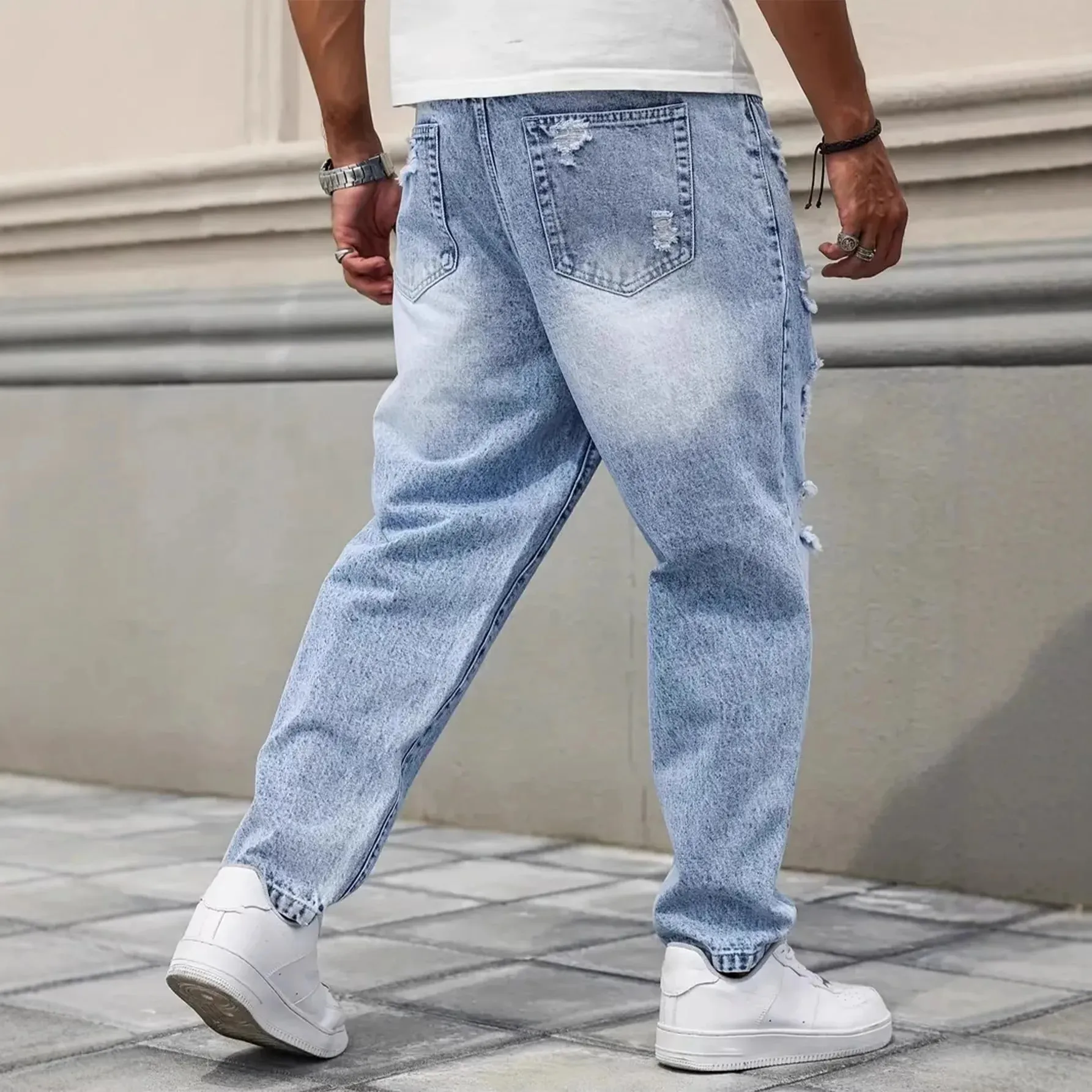 Light Blue Washed Ripped Frayed Denim Jeans For Men Non Stretch Straight Leg Loose Baggy Distressed Pants Vintage Y2K Hip Hop Da — image 2