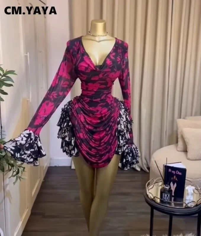 CM.YAYA Kobiety Tie Dye Print Kaskadowe falbany Bell Z długim rękawem Bodycon Ruched Drapowana sukienka z dekoltem w kształcie litery V Wakacje Plaża Sukienki wakacyjne