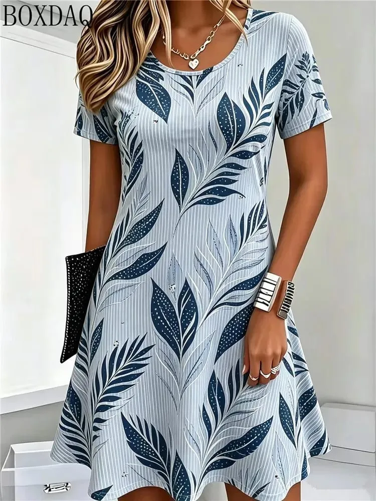 Casual Summer Women's Dresses Loose Short Sleeve Round Neck Leaf Pattern Printed Dress — image 4