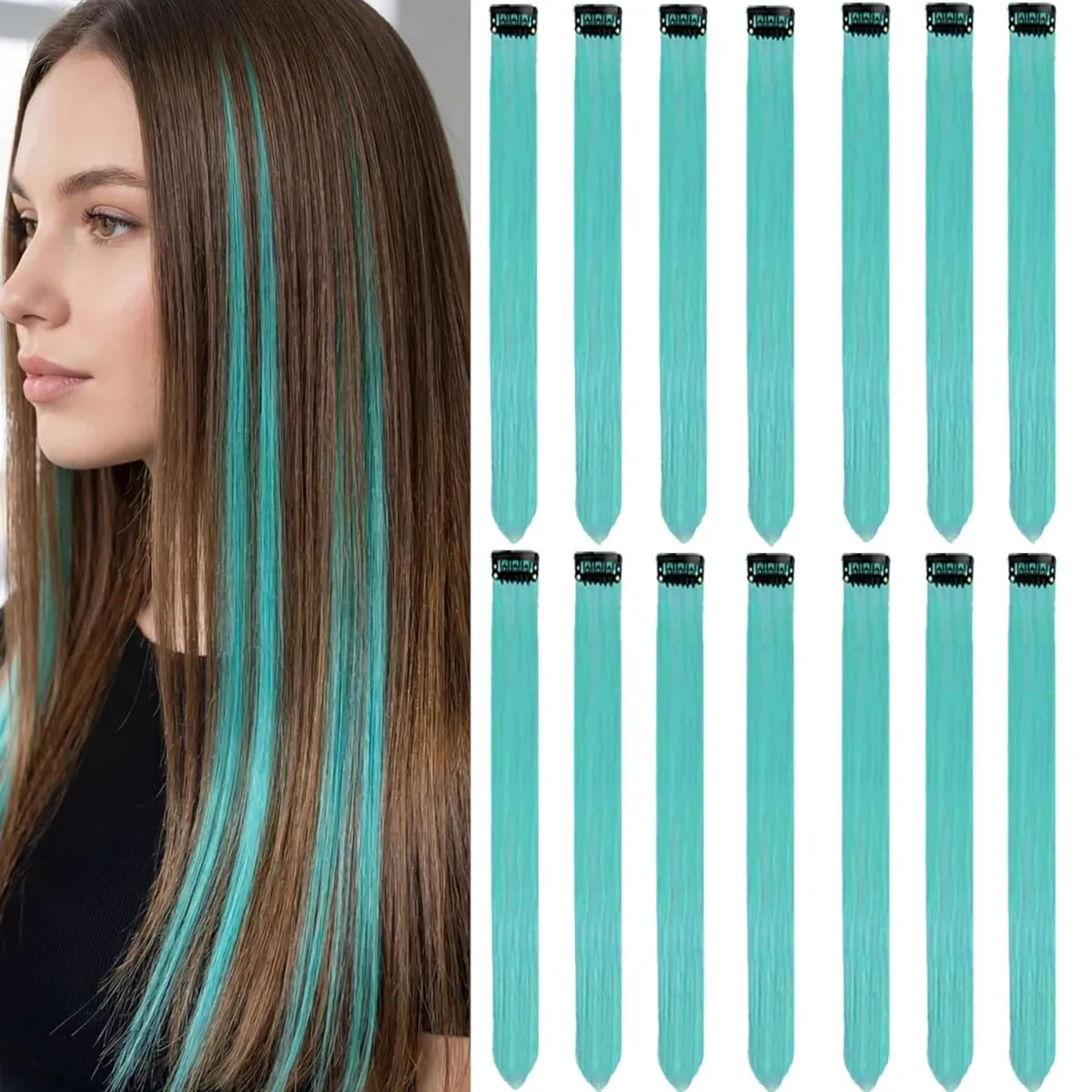 14 PCS Teal Blue Hair Extensions Clip in 22 Inch Colored Party Synthetic Neon Highlights Extensions Rainbow Hair Accessories