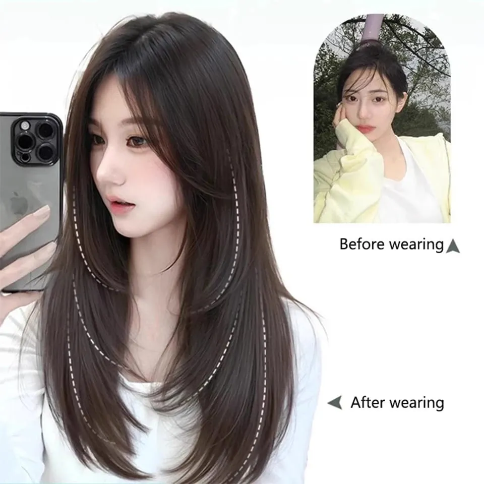 Synthetic Wig One-piece Straight Wig Layered Extension Wig Korean Fluffy Hair Piece Extension Wig For Women Christmas New Year — image 3