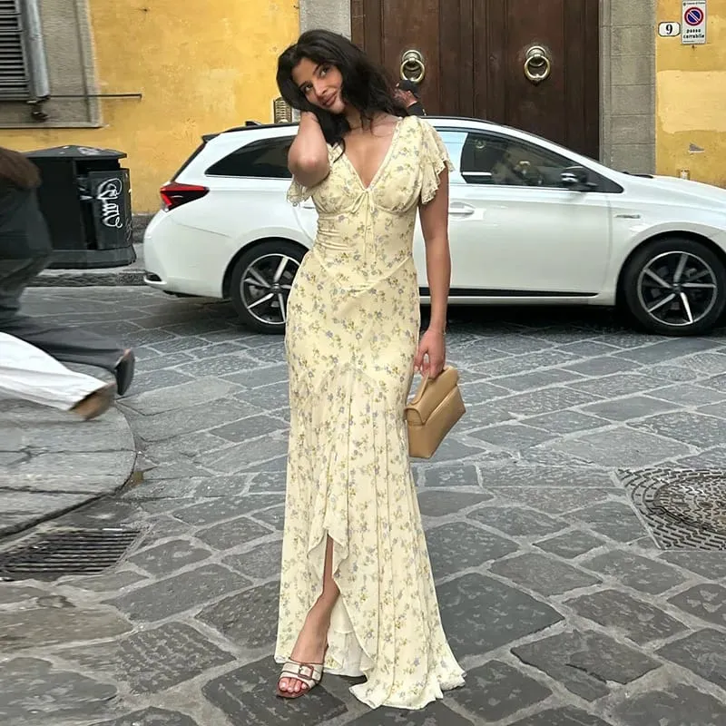 Floral Print Lace Trim Flutter Sleeve Maxi Dress Deep V-Neck High-Low Chiffon 2026 Summer Chic Romantic Women Feminine Gown