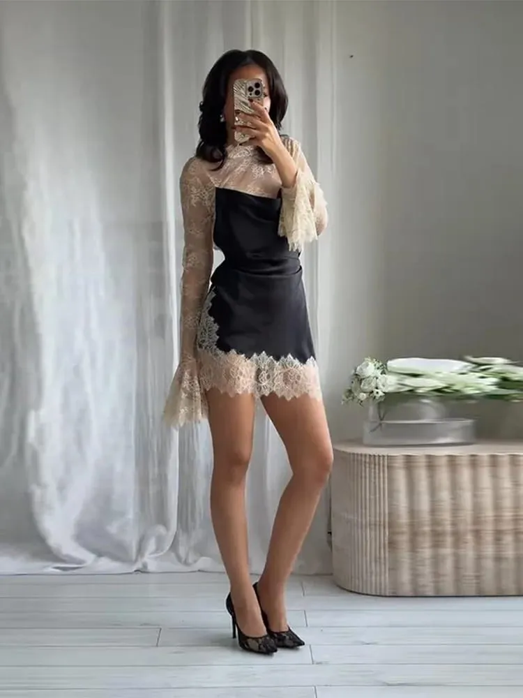 Elegant Women's Lace Trim Satin Dress High Neck Bell Sleeve Vintage Black Party Clubwear Chic Cocktail Mini Dresses Chic Outfit — image 5