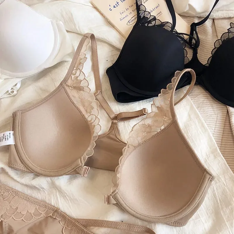 high quality sexy women bras and brief two piece set front closed push up lace A B C cup wire summer lingerie underwear black — image 3