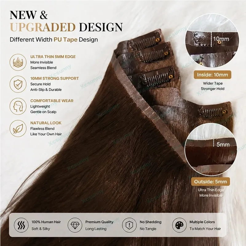 PU Clip Ins Human Hair Extensions Chocolate Brown Color 4 Skin Weft Silky Straight Clip In Hair For Women 240g A Full Head