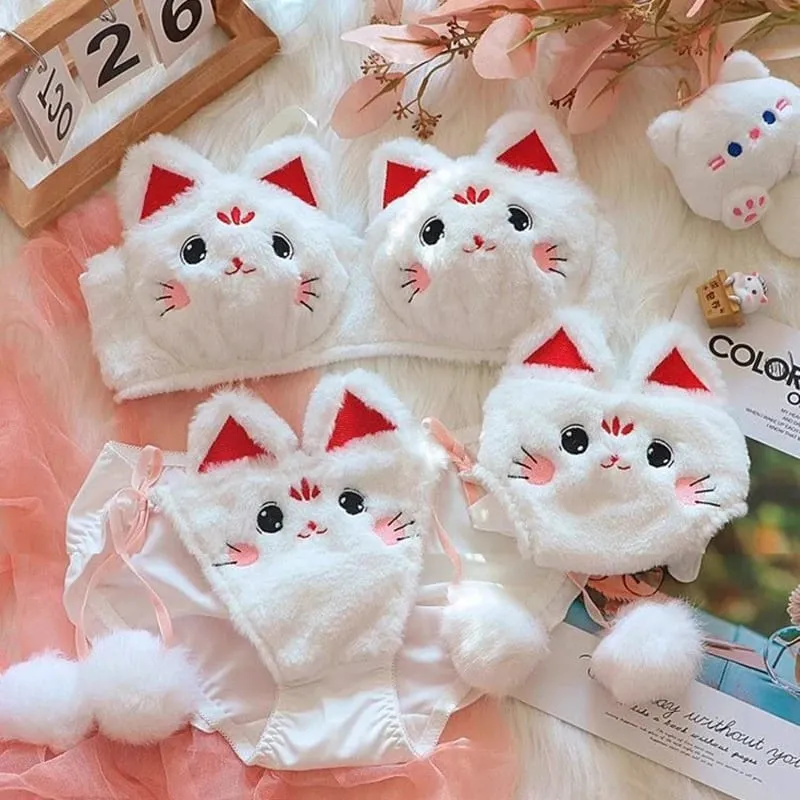 Cute Cartoon Furry Cat Ears Lingerie Bras Underpants Underwear Two Piece Sets Sweet Warm Winter Plush Underwear Set New — image 3