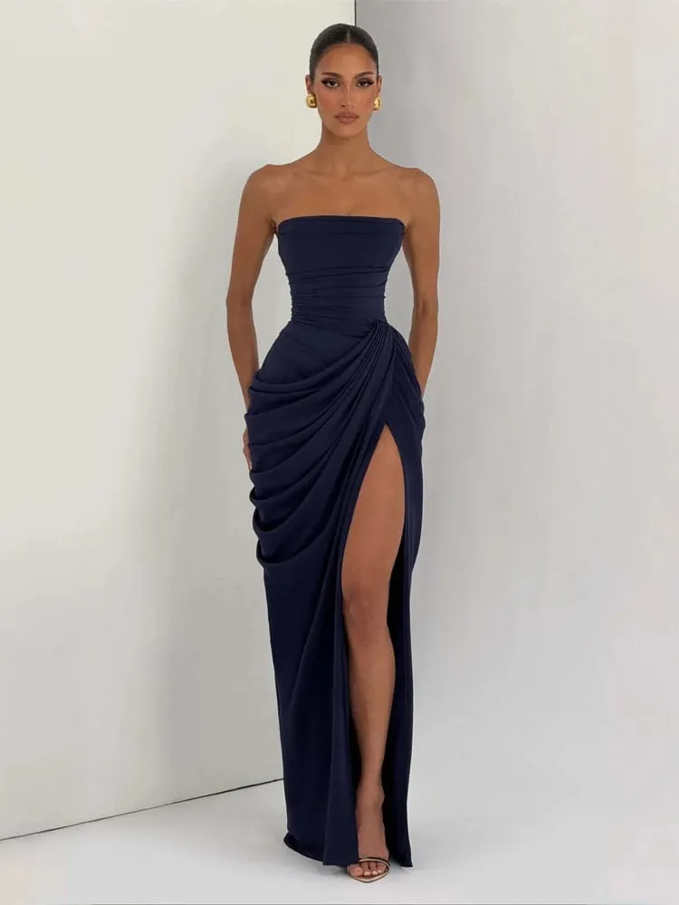 Kobiety żółta elegancka plisowana sukienka bez ramiączek seksowna bez rękawów wyszczuplająca talia suknie Maxi z rozcięciem 2026 Lady nowe suknie wieczorowe