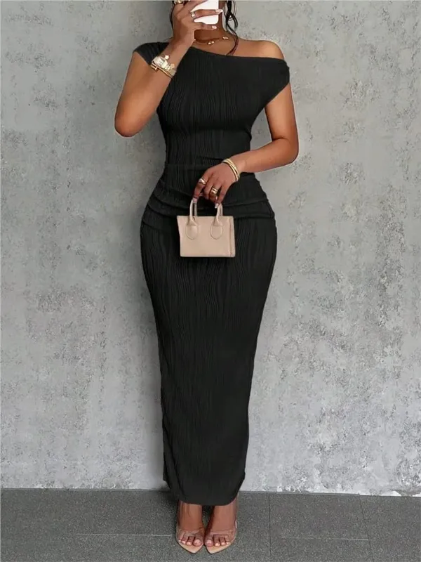 Fashion Water Ripple Slanted Shoulder Dress Pambabaeng Elegant At Simple Solid Color A-line Collar Mid-waist Sexy Hip Wrap Skirt