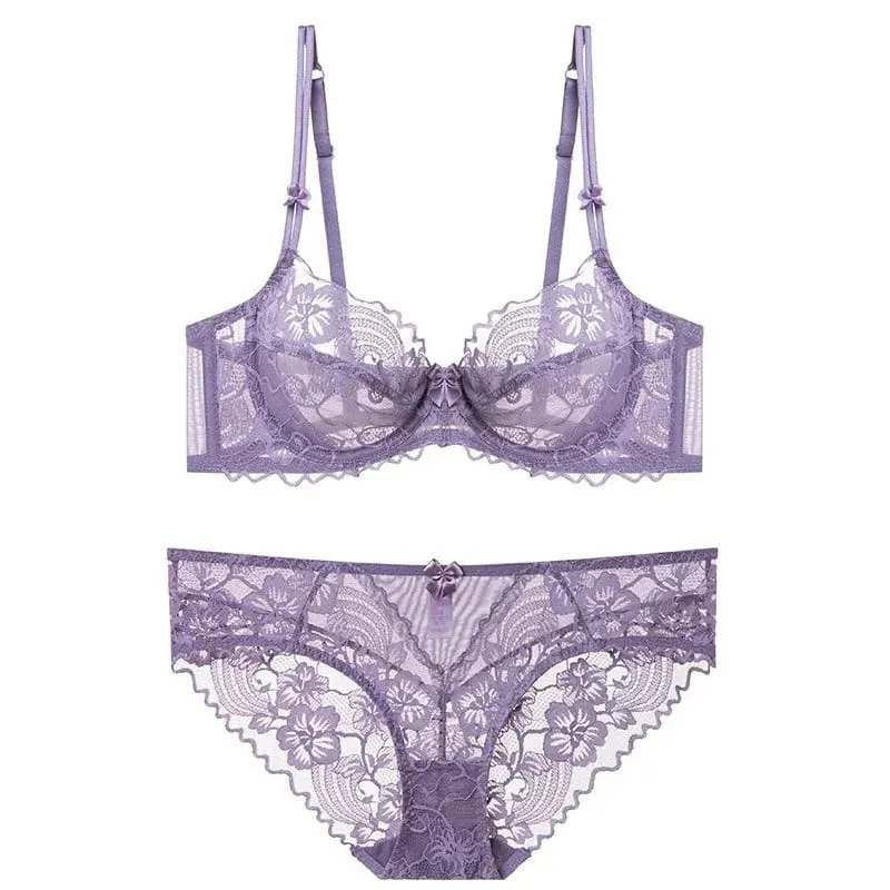 Ladies Delicate Purple Lace Push Up Underwear Set Victorian Style Soft Underwire Anti-sagging Ultra Thin Bralette Set — image 3