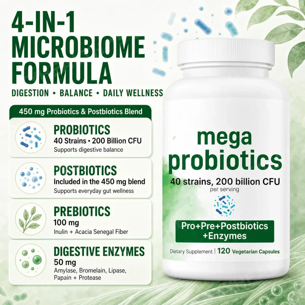 Probiotics Capsules 200 Billion CFU 40 Strains Prebiotics Digestive Enzymes Gut Health Supplement 120 Veg Capsules Men Women — image 5