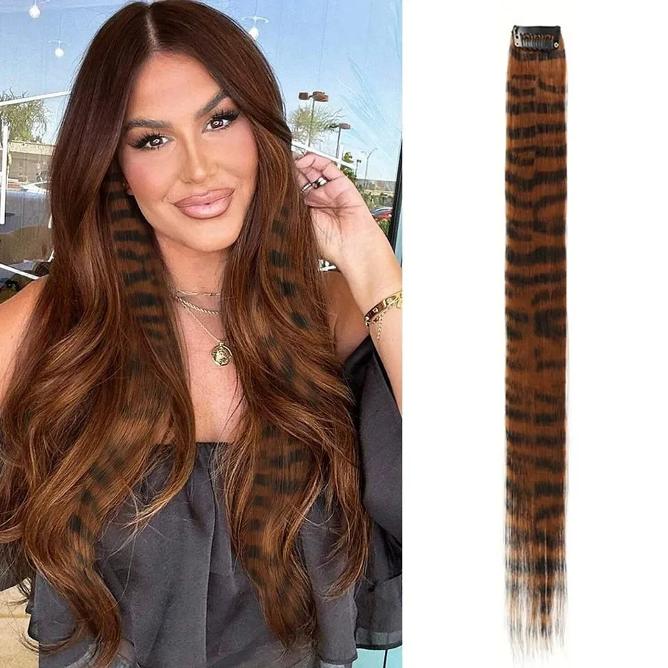 Long Straight Colorful Striped Feather Hairpieces Synthetic Y2K Green Orange Clip in Leopard Print Hair Piece Cosplay Party — image 8